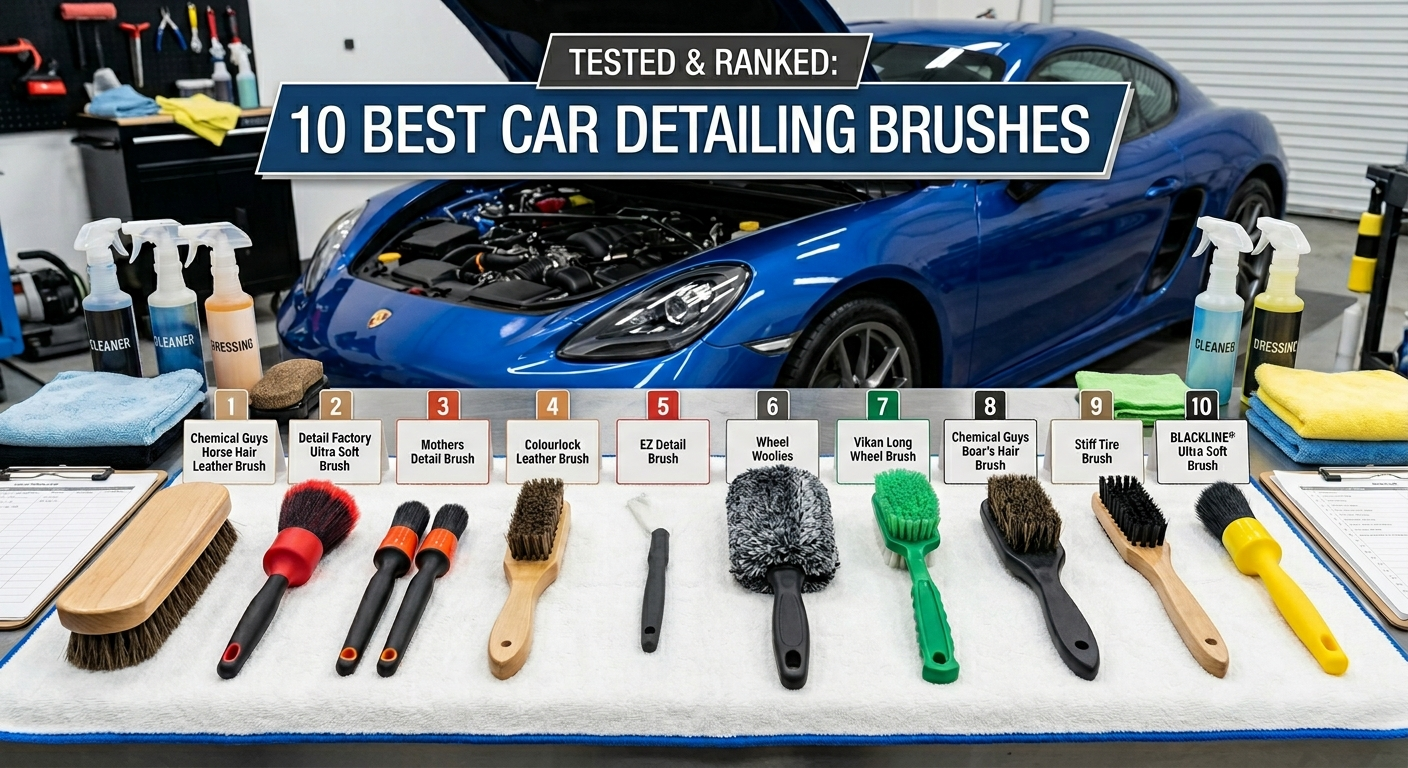 A collection of the best detailing brushes for cars, including boar's hair and synthetic fiber brushes, used for cleaning vehicle interiors and wheels.