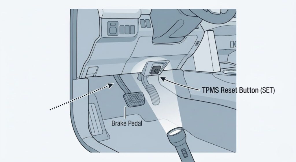 Toyota RAV4 2013–2018 TPMS reset button hidden above the brake pedal on the underside
of the lower dashboard — a flashlight is required to locate it from the footwell