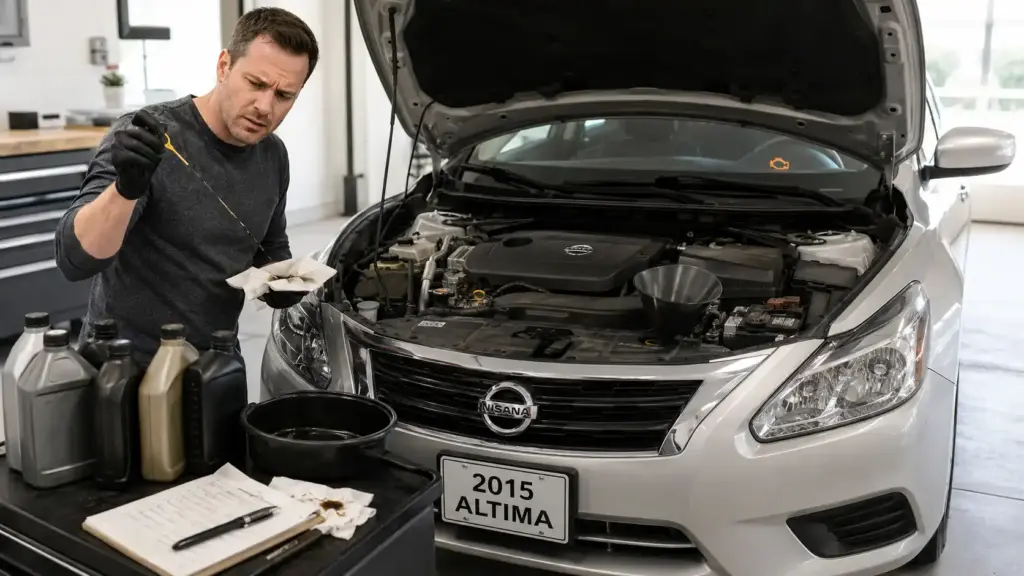 2015 Nissan Altima with hood open while checking engine oil during an oil experiment and troubleshooting unexpected issues