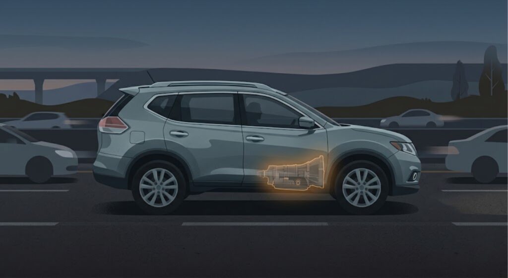 2014-2018 Nissan Rogue with illustrated CVT transmission highlighted — showing 
the drivetrain area most affected by the Xtronic CVT failure pattern
