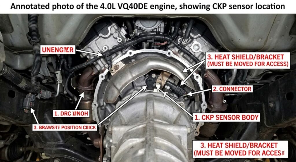 VQ40DE crankshaft position sensor on passenger side bellhousing under rubber boot — confirms rubber boot must be pulled back before connector is visible