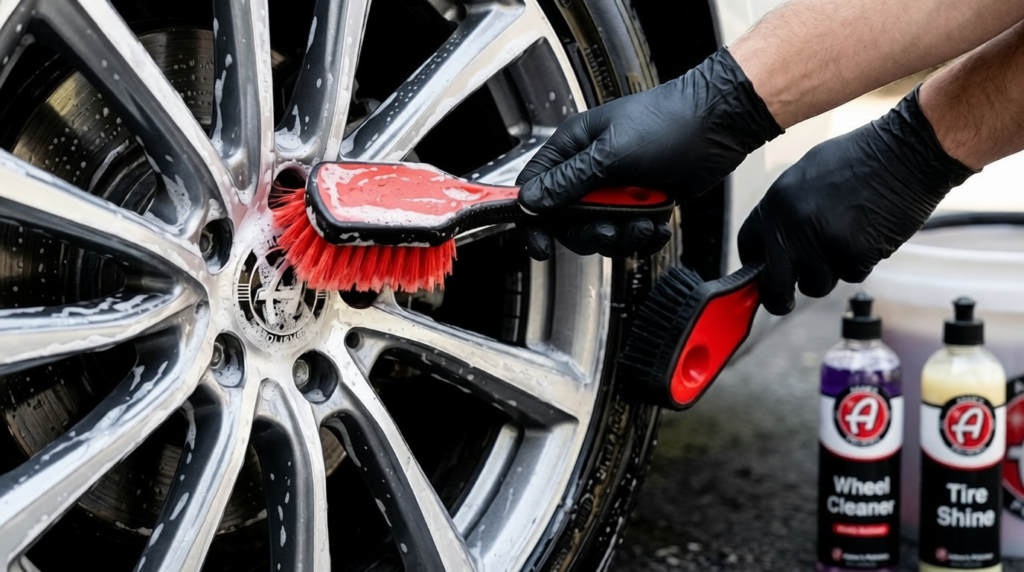 A detailer in black gloves uses an Adam's Polishes Double Sided Wheel and Tire Brush with red bristles to clean a foamy alloy car wheel next to bottles of Adam's Wheel Cleaner and Tire Shine.