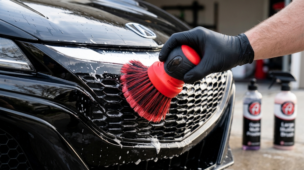 A detailer in black gloves uses an Adam's Polishes Large Multi-Purpose Detailing Brush to scrub the front honeycomb grille of a black car.