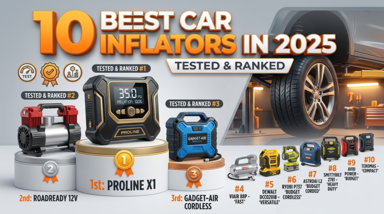 Top 10 best tire inflators for car in 2025 ranked on a podium, featuring the Proline X1, RoadReady 12V, and Gadget-Air Cordless models.
