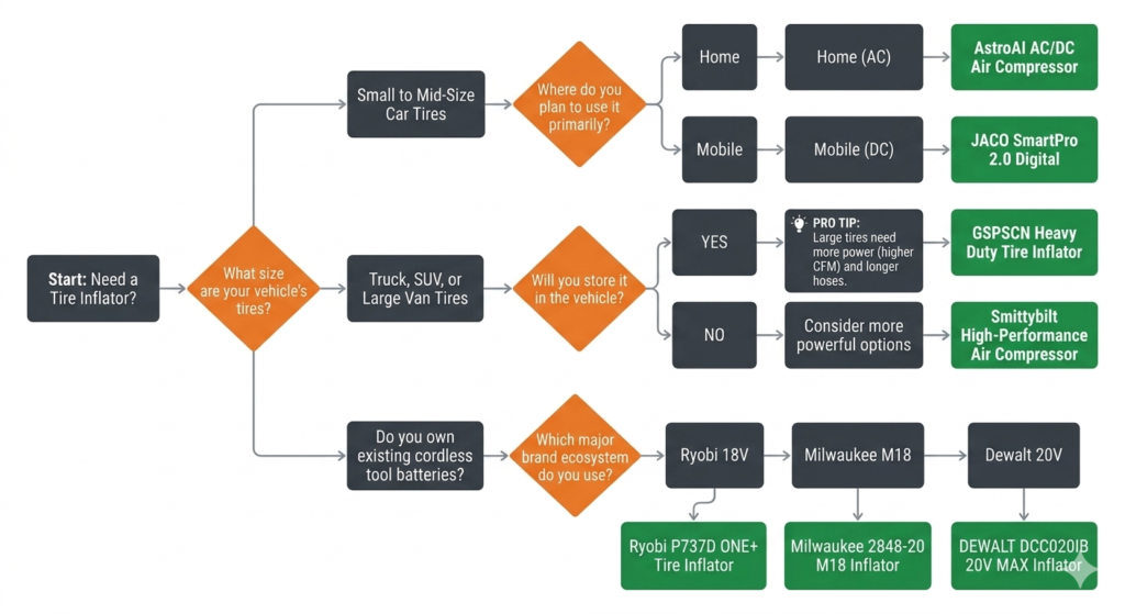 Tire inflator buying guide decision flowchart for car owners"