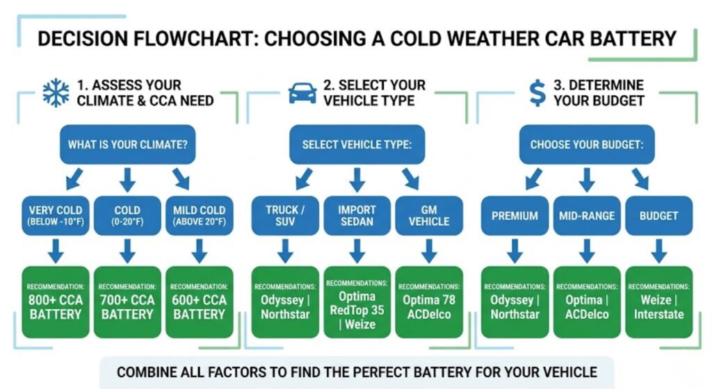Flowchart showing how to choose the right cold weather car battery based on climate, vehicle type, and budget