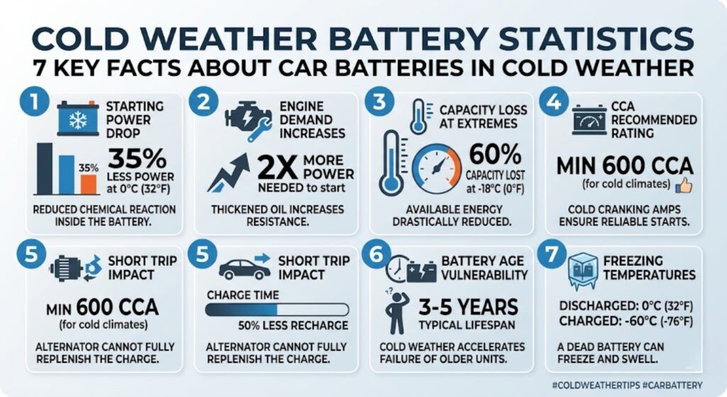 Infographic showing key cold weather car battery statistics including capacity loss percentages and CCA ratings