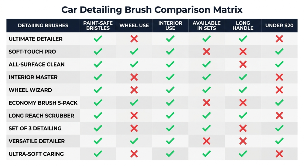 A chart comparing ten car detailing brushes across features like paint safety, wheel and interior use, set availability, handle length, and price under $20.