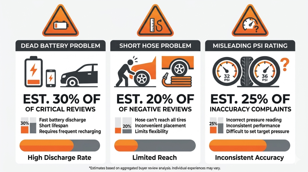 Three most common tire inflator failure modes found in aggregated Amazon buyer reviews.