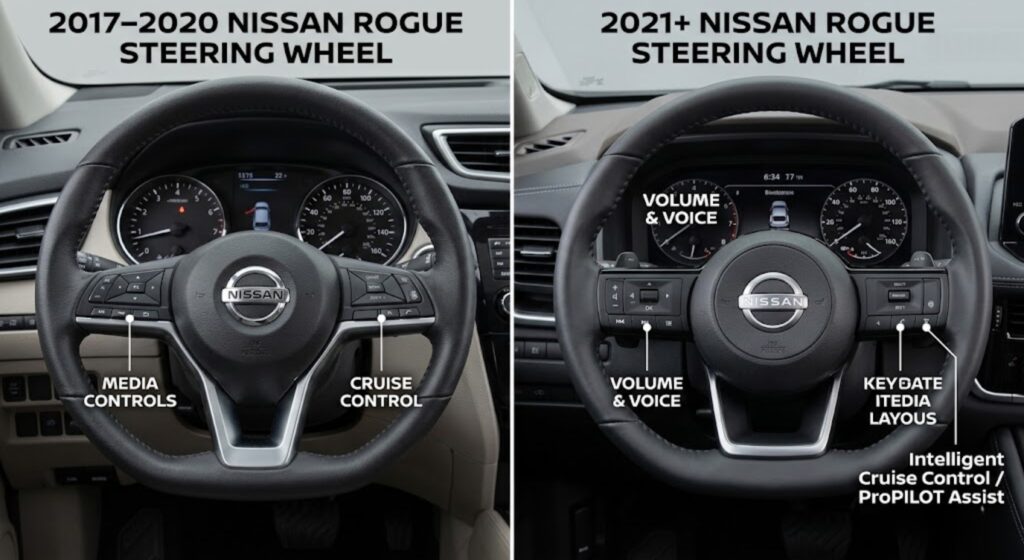 Nissan Rogue standard cruise control buttons 2017–2020 vs ProPILOT Assist 2021+ steering wheel comparison