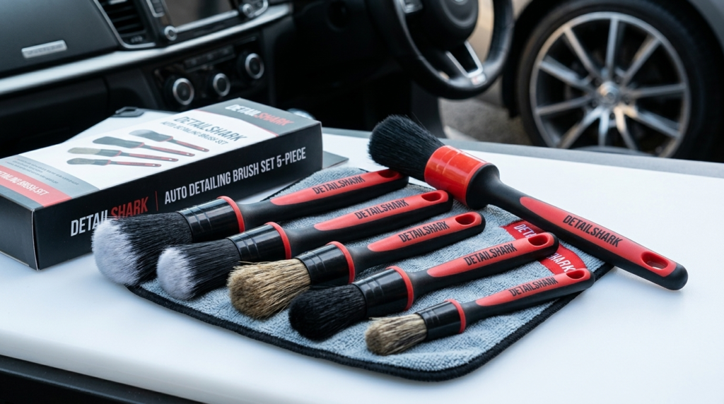 A Detailshark Auto Detailing Brush Set 5-Piece displayed on a microfiber cloth next to its packaging, featuring various sizes for interior and exterior car cleaning.