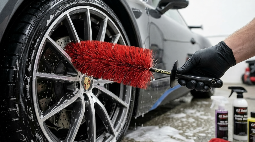A person wearing a black glove uses the EZ Detail Brush Big Red Wheel Brush to clean the deep inner barrel of a soapy car wheel.
