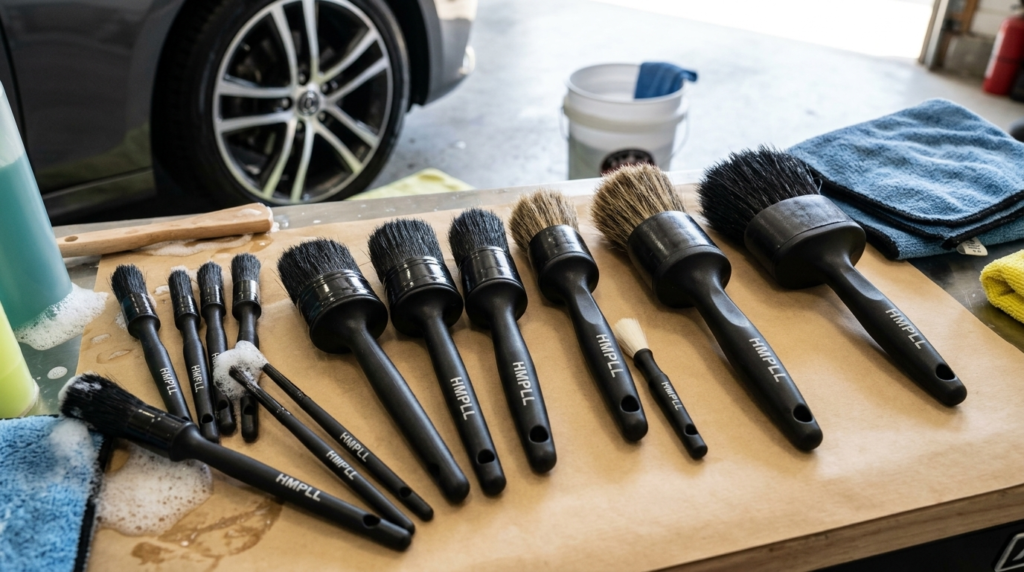 A set of 10 HMPLL car detailing brushes with black handles and various bristle types and sizes are neatly arranged on a tan paper mat in a garage setting, near a car wheel and cleaning supplies.