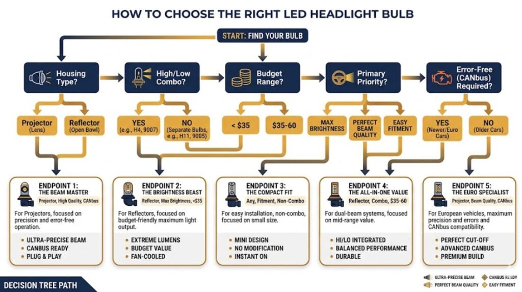 LED headlight buying guide decision flowchart helping drivers choose the right bulb based on housing type, budget, and compatibility requirements