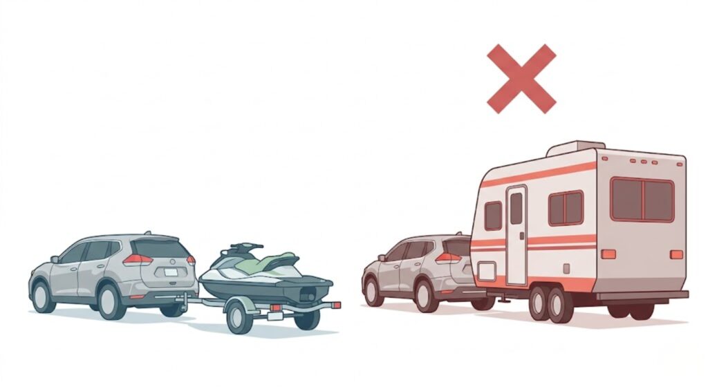 Side-by-side comparison showing a jet ski trailer (within Nissan Rogue's
1,500 lb towing limit) next to a full-size travel trailer (which exceeds the limit) —
illustrating what the Rogue can and cannot safely tow.
