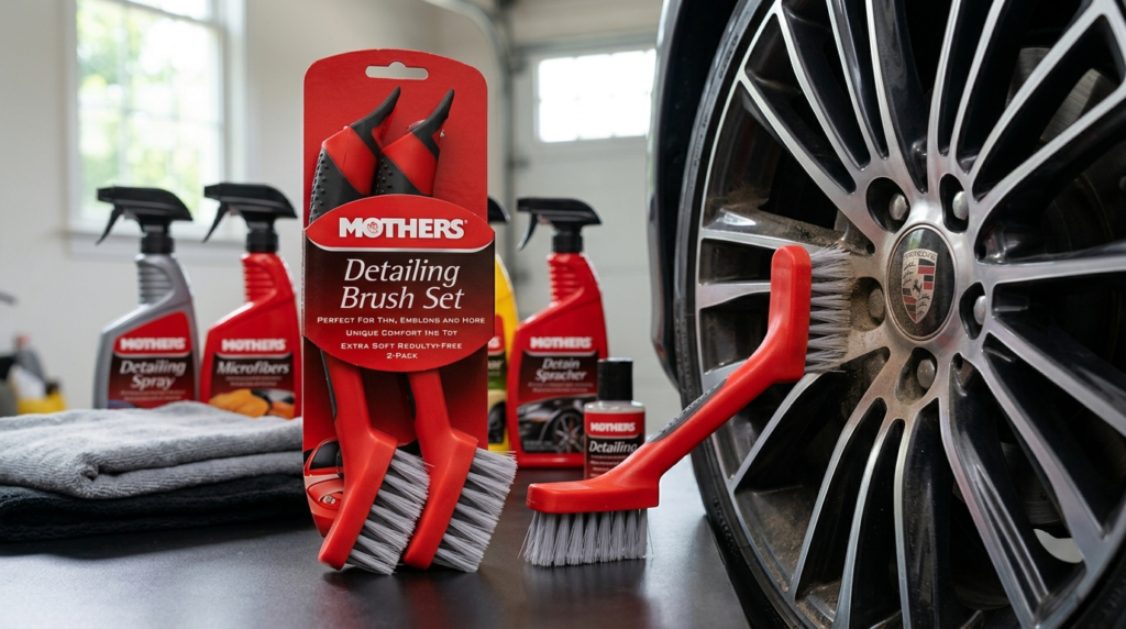 A packaged Mothers Detailing Brush Set 2-Pack displayed in a garage next to a car wheel and cleaning supplies.