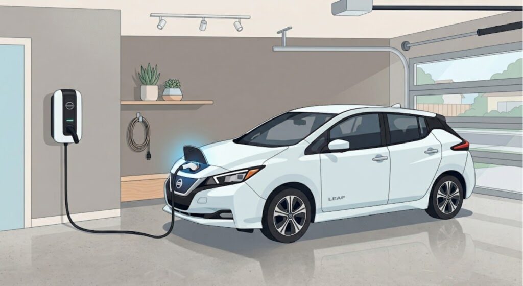 Nissan Leaf plugged into a Level 2 home EVSE charger in a modern garage 
— shows the standard home charging setup for daily overnight charging