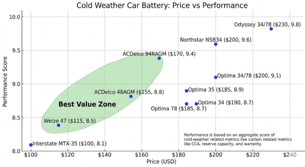 Scatter plot comparing price versus cold weather performance scores for 10 top car batteries