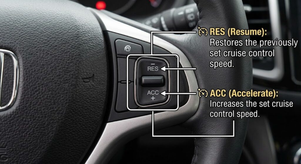 Nissan Rogue RES ACC button close-up — RES resumes saved speed, ACC activates adaptive following on ProPILOT models