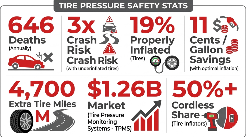 Tire pressure safety statistics infographic showing NHTSA crash data and fuel savings