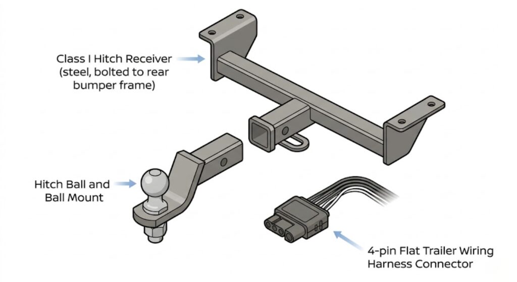 Exploded diagram of the three Nissan Rogue towing package components —
Class I hitch receiver, 4-pin wiring harness, and hitch ball mount — showing what is
required to reach the rated towing capacity.