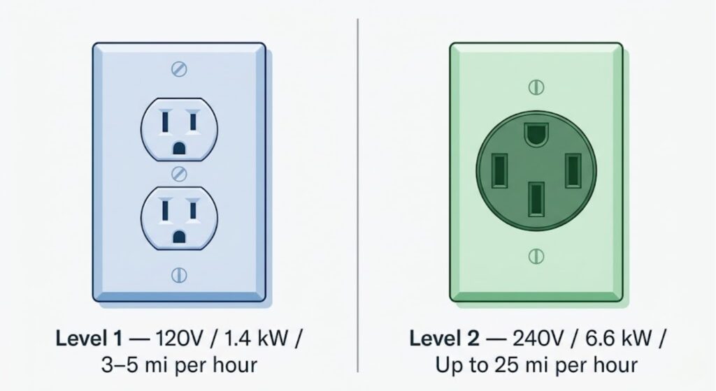 Side-by-side comparison of a standard 120V household outlet and a 240V 
NEMA 14-50 outlet — shows the difference in charging speed between Level 1 
and Level 2 home charging for the Nissan Leaf