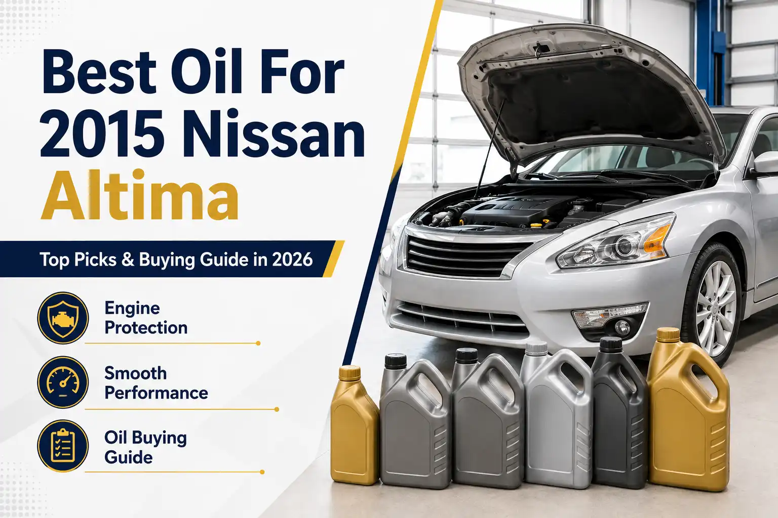 Motor oil containers beside a 2015 Nissan Altima with the hood open, highlighting top oil picks and a buying guide for 2026