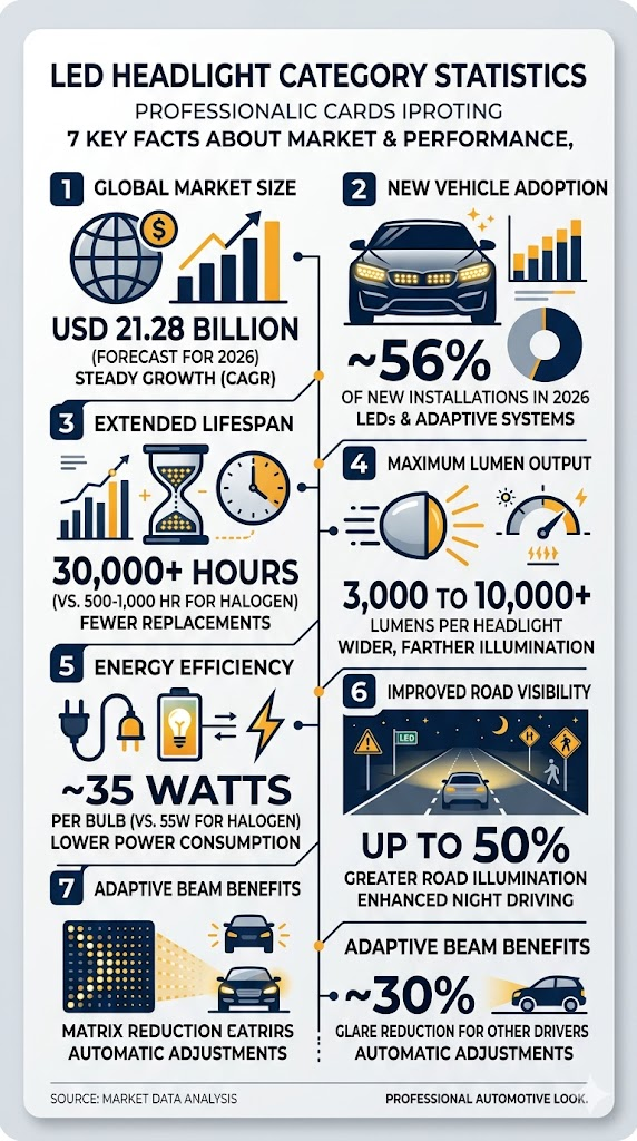 LED headlight statistics infographic showing market data, brightness improvements, and lifespan comparisons