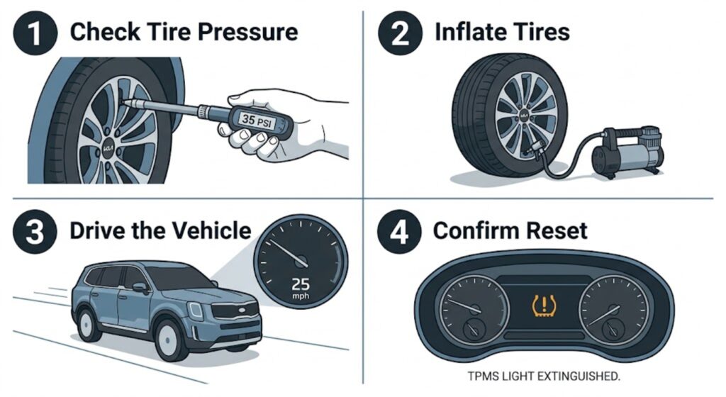 Four illustrated steps to reset Kia Telluride TPMS — checking cold tire pressure, inflating to 35 PSI, driving above 25 mph, and confirming the TPMS warning light goes off