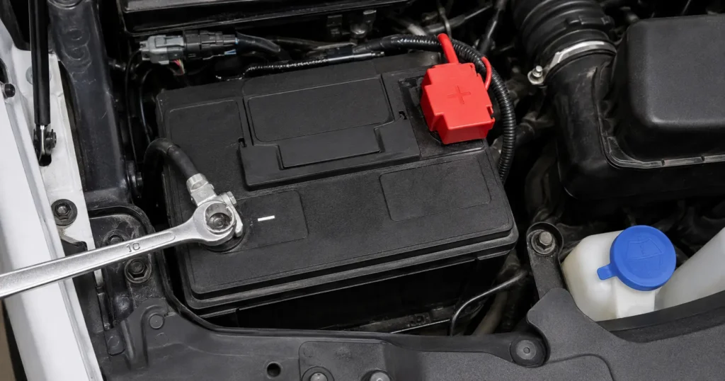A 10mm wrench disconnecting the negative terminal on a Ford F150 battery — Showing the safe and correct way to cut capacitive power for a hard reset.