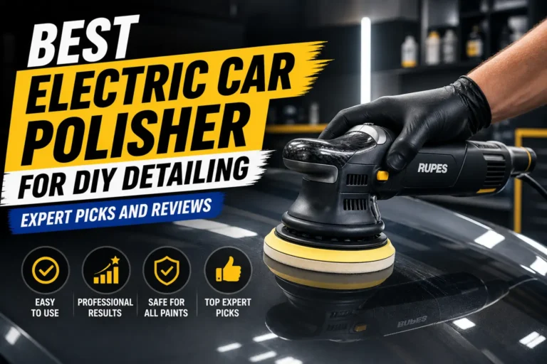 A person using a Rupes electric car polisher on a black vehicle, titled "Best Electric Car Polisher for DIY Detailing.