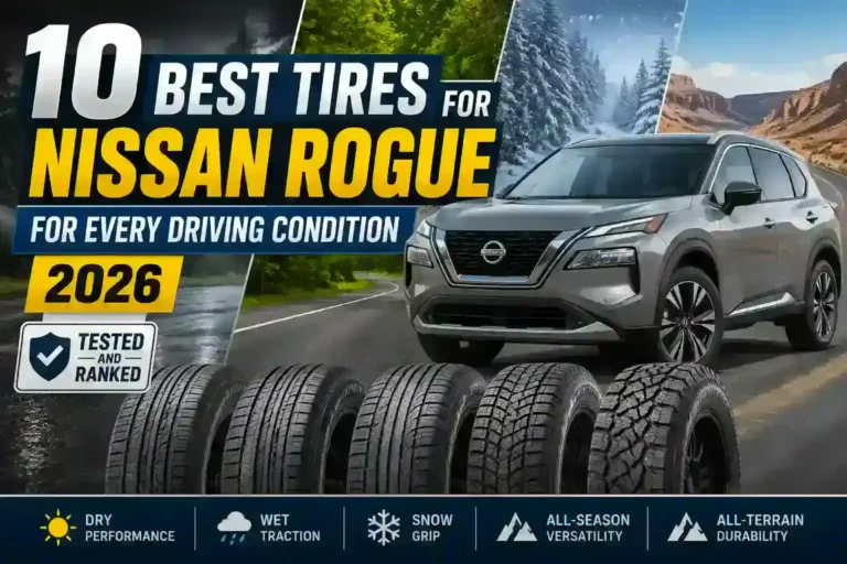 10 best tires for Nissan Rogue 2026 displayed with SUV across dry, wet, snow, and all-terrain driving conditions