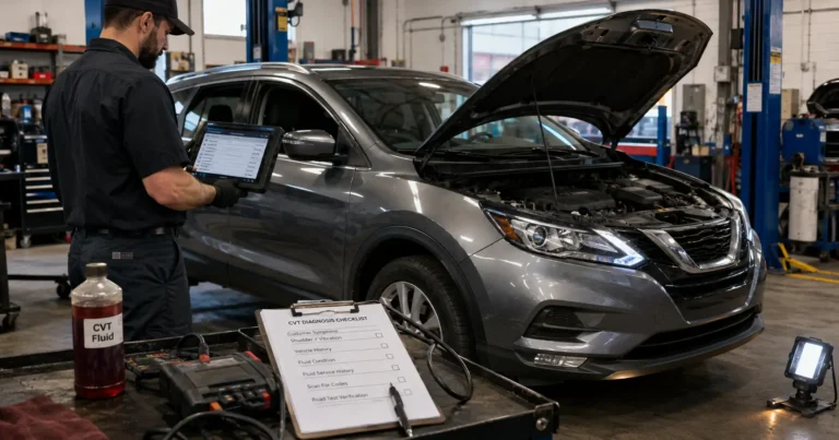 Nissan vehicle in a repair shop with a mechanic using a diagnostic scanner — shows that CVT shudder repair depends on symptoms, codes, and inspection before choosing a fix.