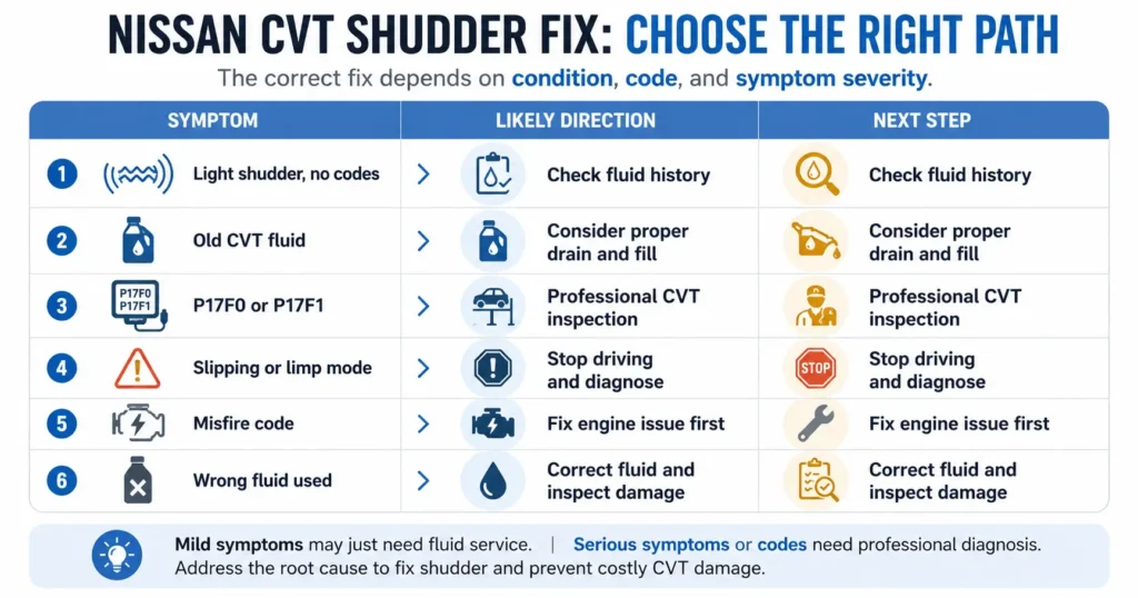 Nissan CVT shudder decision matrix showing symptoms, likely causes, and next steps — proves the fix depends on codes and symptom severity.