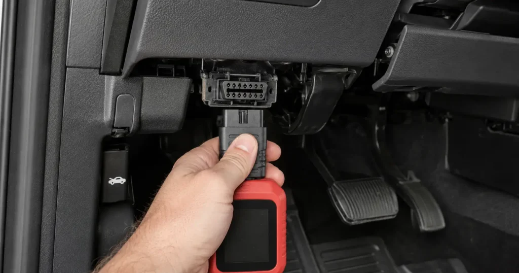 An OBD2 scanner being plugged into the diagnostic port under a Ford F150 steering wheel — Demonstrating the exact location to connect the tool for code clearing.