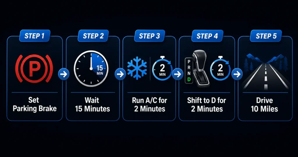 A 5-step flowchart for the Ford F150 PCM idle relearn procedure — Illustrating the exact timing and sequence required to restore transmission shift adaptions after a battery reset.