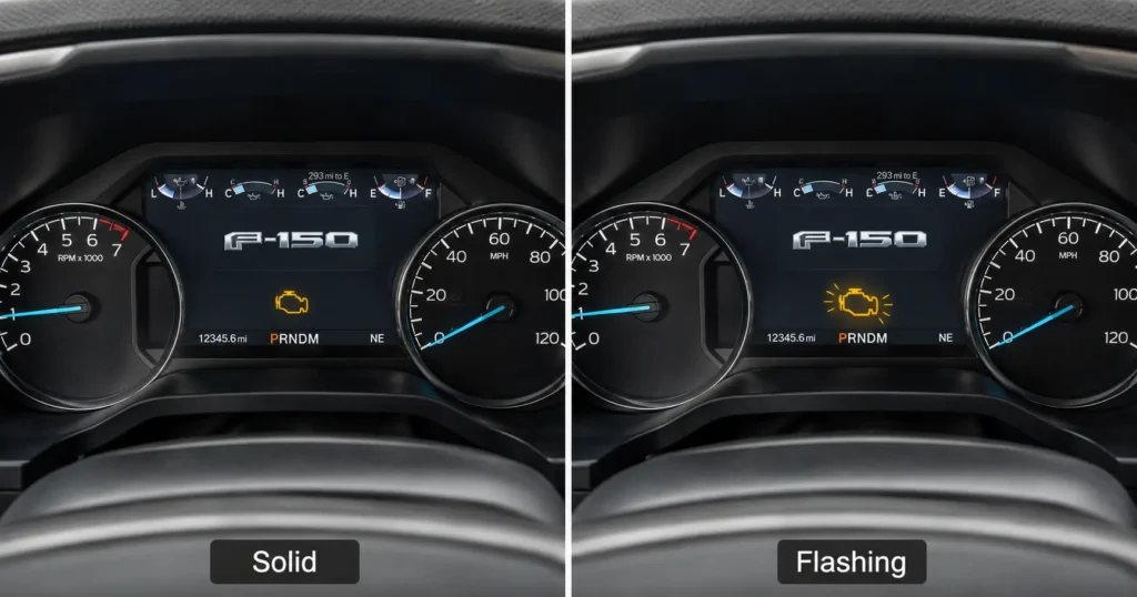 A Ford F150 dashboard showing a solid yellow check engine light next to a flashing light — Proving the visual difference between a minor emissions fault and a critical engine misfire.