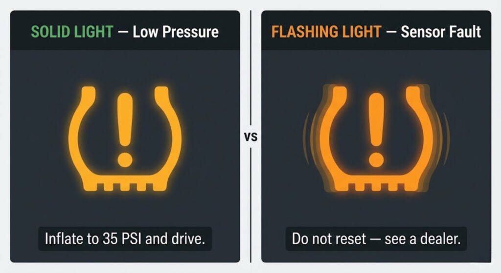 Side-by-side comparison of Kia Telluride TPMS warning light states — solid amber light meaning low tire pressure fixed by inflating to 35 PSI, versus flashing light meaning sensor malfunction requiring dealer diagnosis