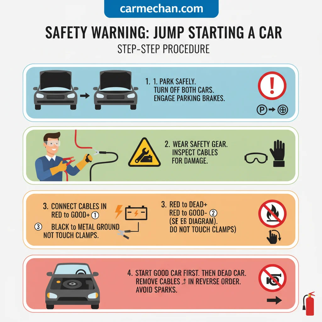 how to properly jump start a car safety warning infographic