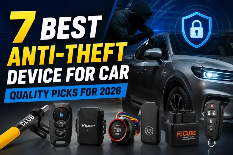 Car protected by anti-theft devices including steering wheel locks, alarms, immobilizers, key fobs, and security modules