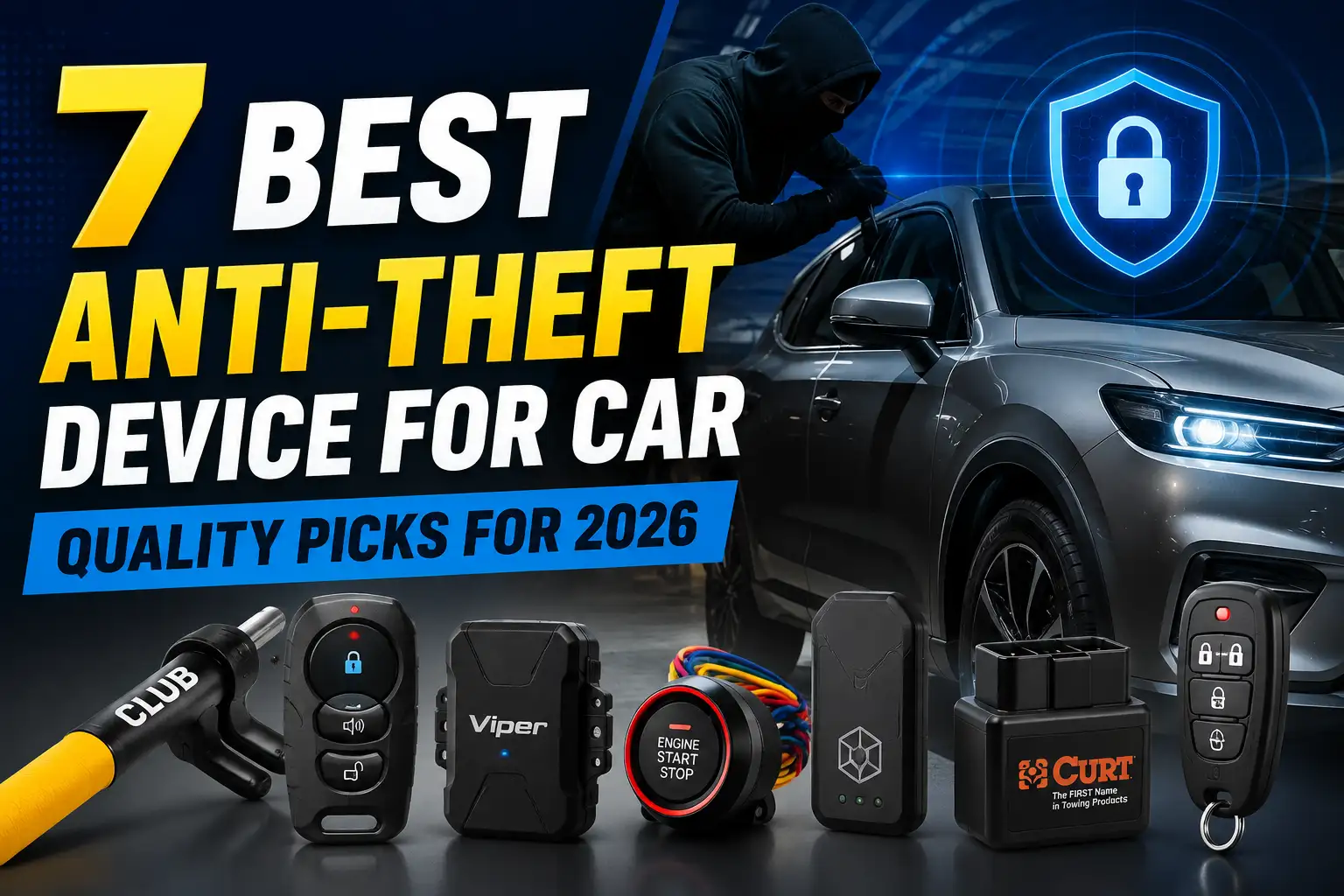 Car protected by anti-theft devices including steering wheel locks, alarms, immobilizers, key fobs, and security modules