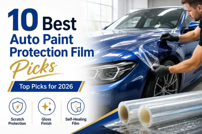 Paint protection film being applied to a blue car with clear PPF rolls for scratch protection, gloss, and paint preservation