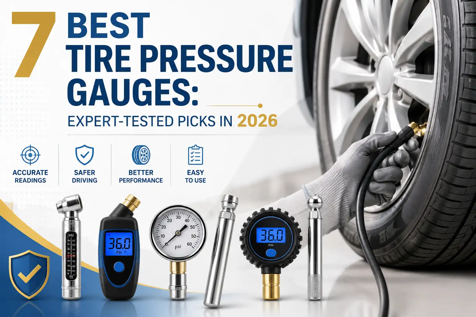 Tire pressure gauges beside a car wheel, showing digital and analog gauges for accurate tire pressure checks and safer driving
