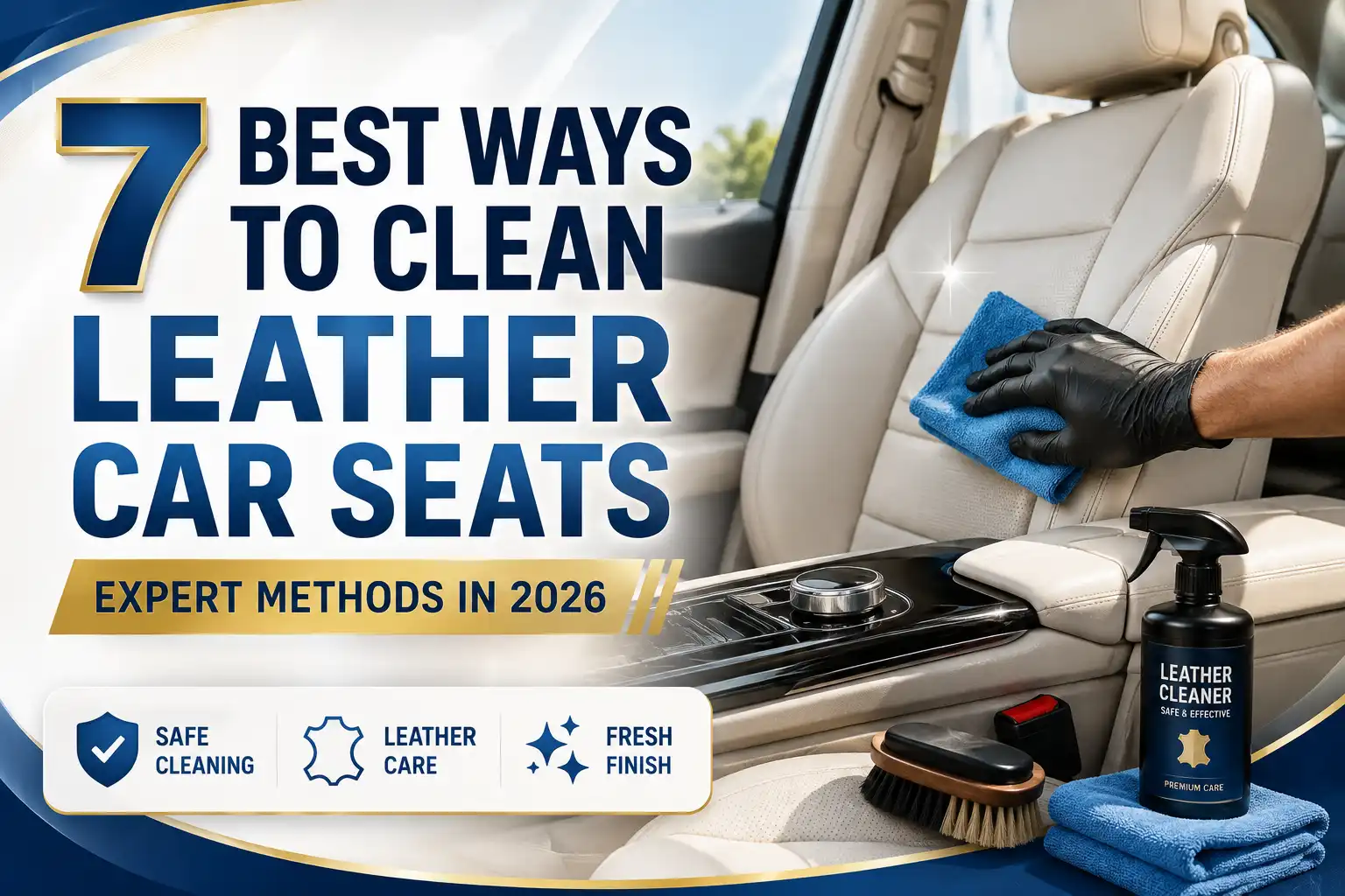Leather car seat being cleaned with a microfiber cloth, leather cleaner, and detailing brush for safe interior care