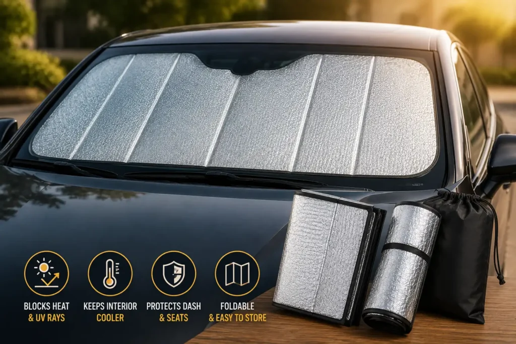 Reflective car windshield sun shade fitted tightly across a windshield