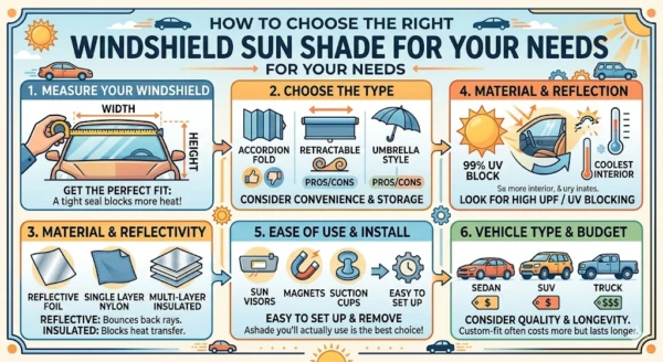 Guide showing how to choose the right windshield sun shade by size, material, fit, and vehicle type
