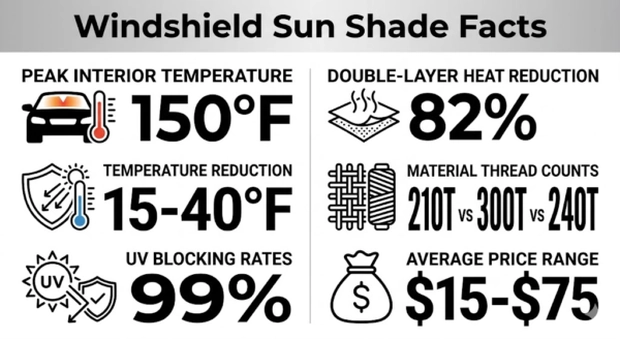 Windshield sun shade facts showing heat reduction, UV blocking, materials, and price range