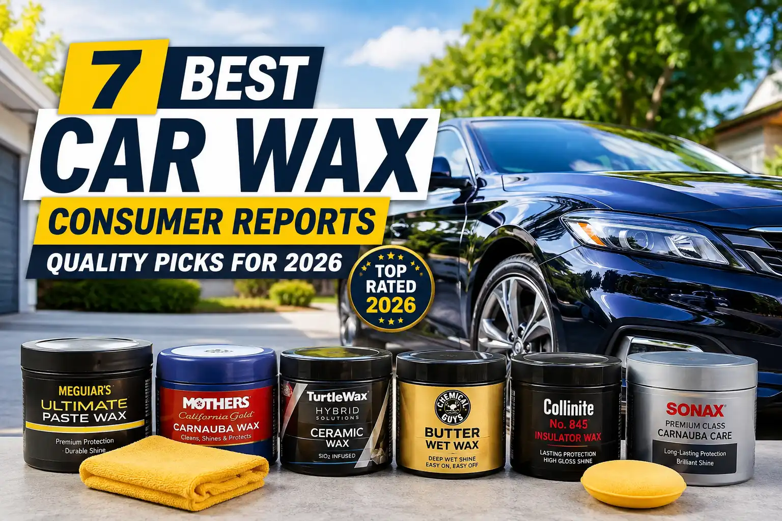 Seven top car wax picks for 2026 displayed beside a glossy polished car