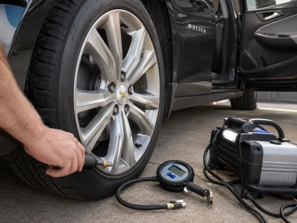 Chevy Malibu TPMS reset tool near tire valve stem