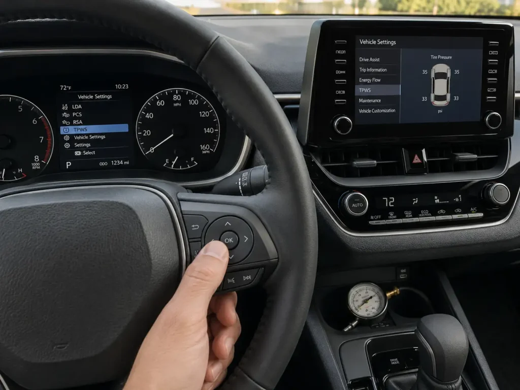 Toyota Corolla TPMS reset menu shown on dashboard screen